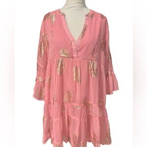 Simply Southern pink gauzy tiered short dress foiled tinsel gold pineapples XXL